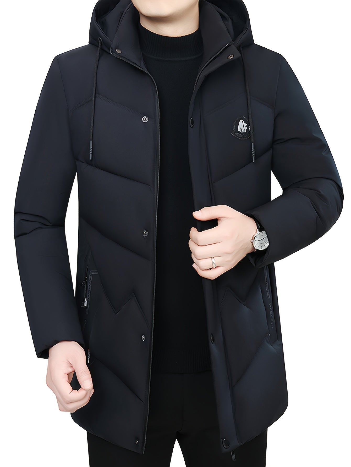 Warmer schwarzer dicker Steppmantel mit Kapuze für Herren | Ideal für den Winter