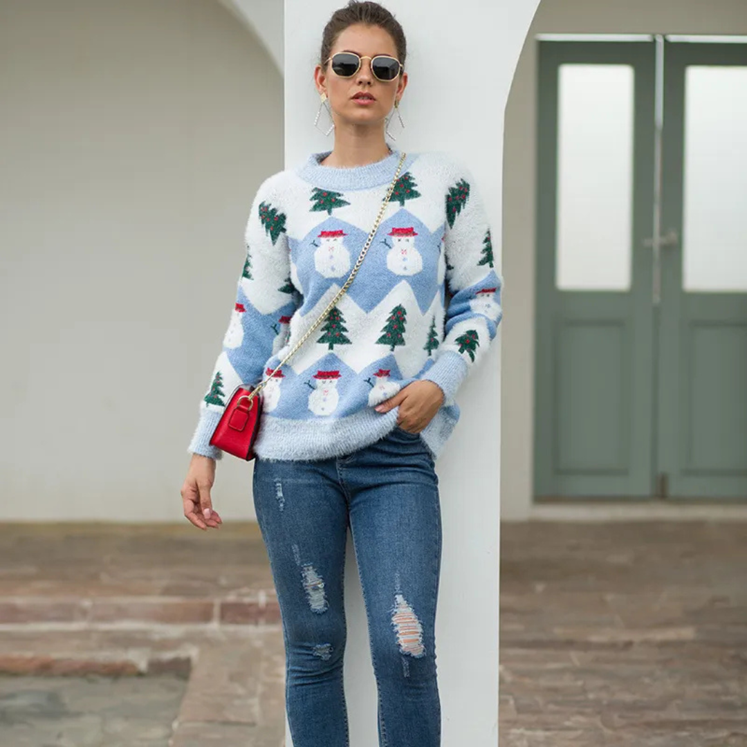 Warmer Damenpullover mit Weihnachtsdruck Für Einen Festlichen Look