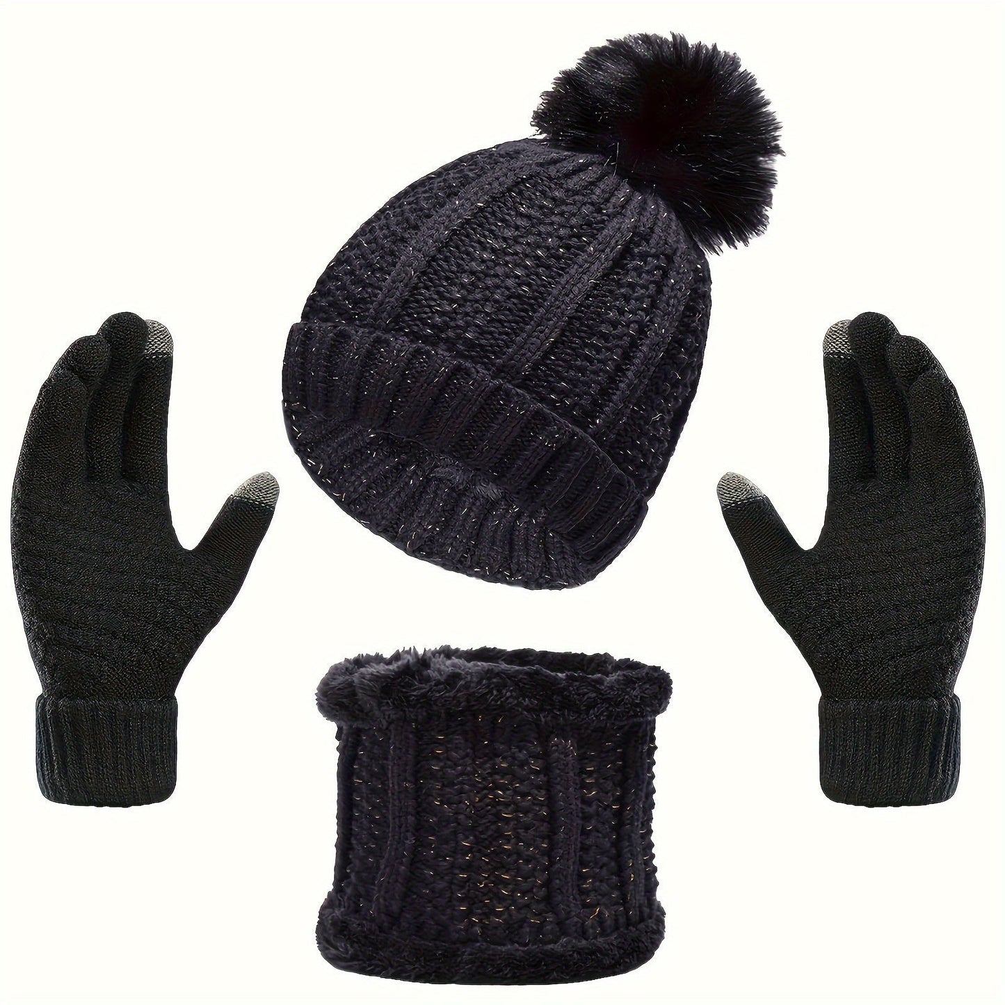 3-Teiliges Set Mit Mütze, Schal Und Handschuhen Für Frauen