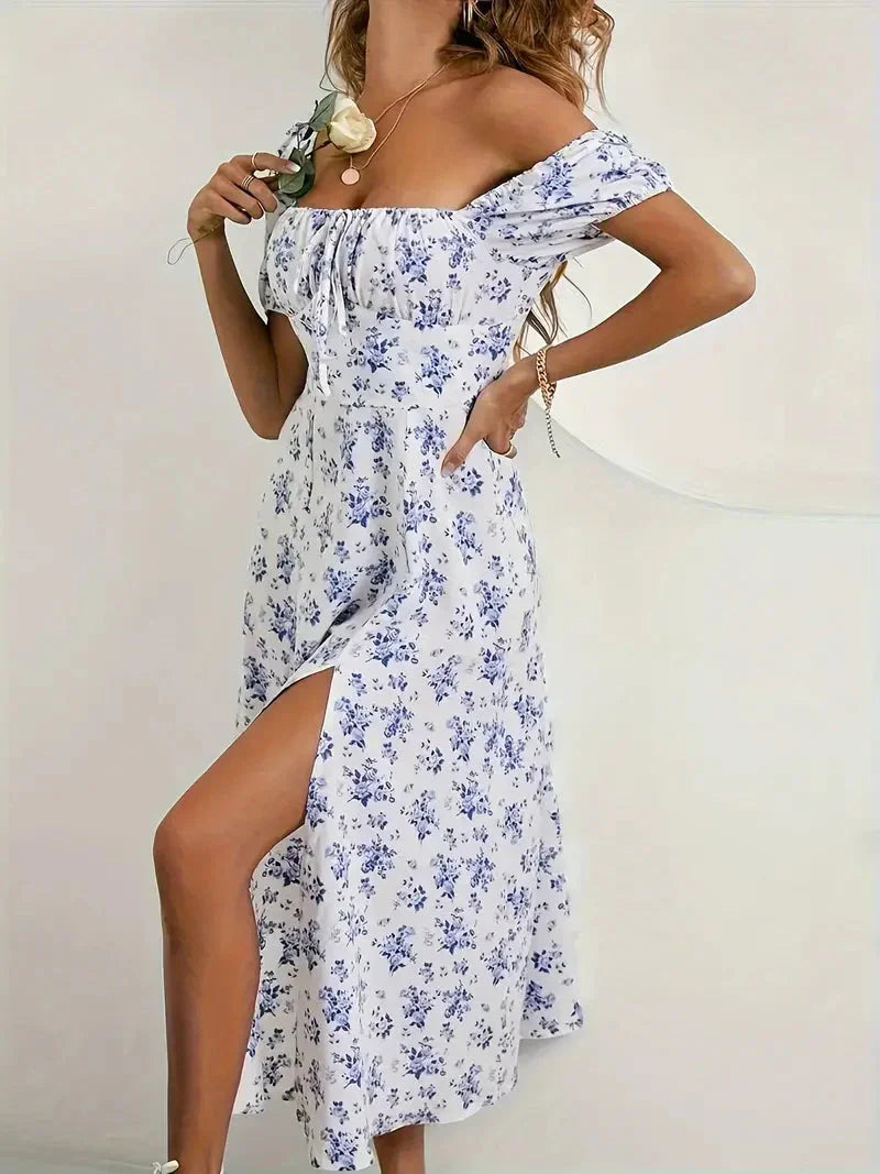 A-Linien-Kleid Mit Blumendruck Und Puffärmeln Für Frühling Sommer