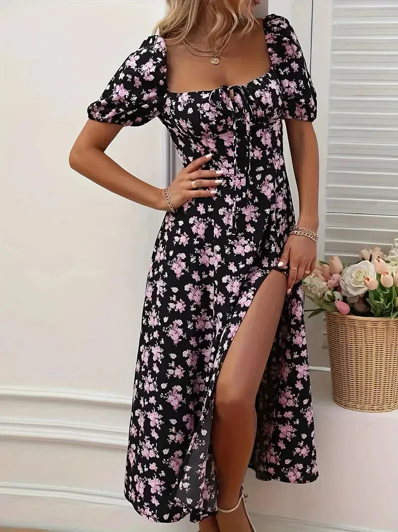 A-Linien-Kleid Mit Blumendruck Und Puffärmeln Für Frühling Sommer