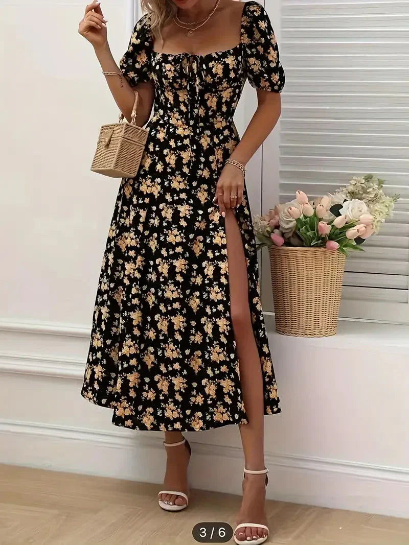 A-Linien-Kleid Mit Blumendruck Und Puffärmeln Für Frühling Sommer