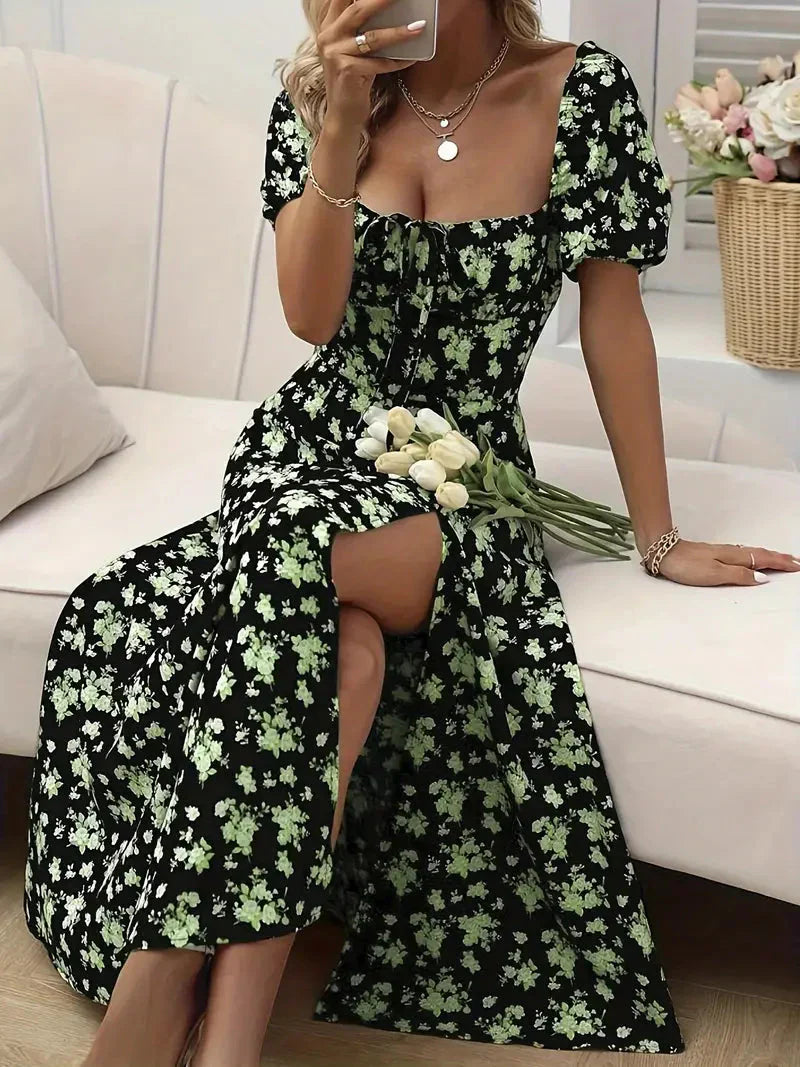 A-Linien-Kleid Mit Blumendruck Und Puffärmeln Für Frühling Sommer