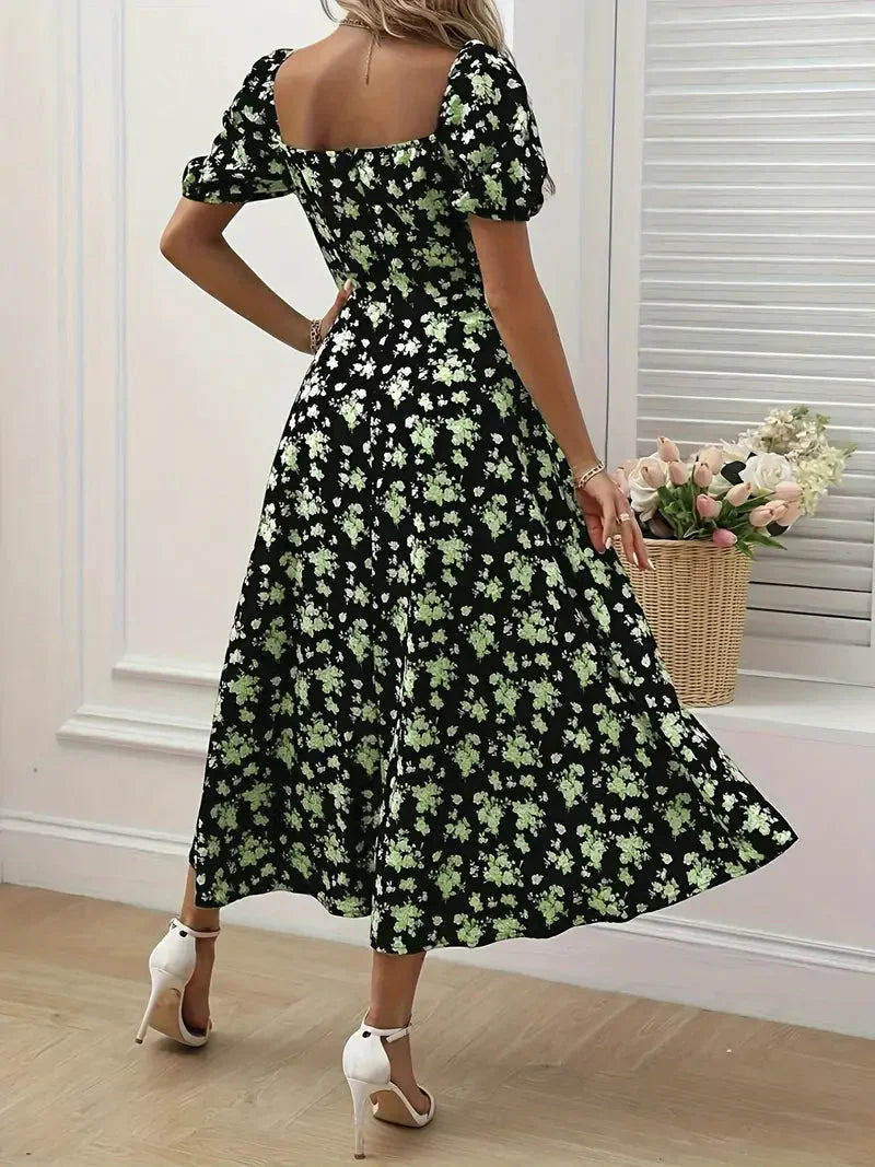 A-Linien-Kleid Mit Blumendruck Und Puffärmeln Für Frühling Sommer