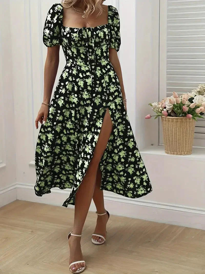 A-Linien-Kleid Mit Blumendruck Und Puffärmeln Für Frühling Sommer