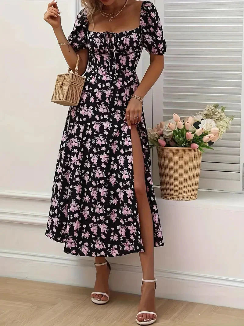 A-Linien-Kleid Mit Blumendruck Und Puffärmeln Für Frühling Sommer