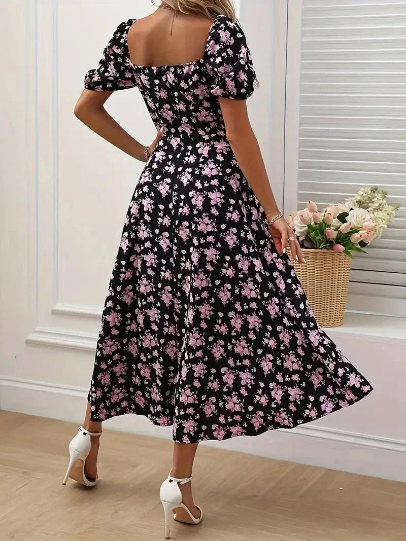 A-Linien-Kleid Mit Blumendruck Und Puffärmeln Für Frühling Sommer