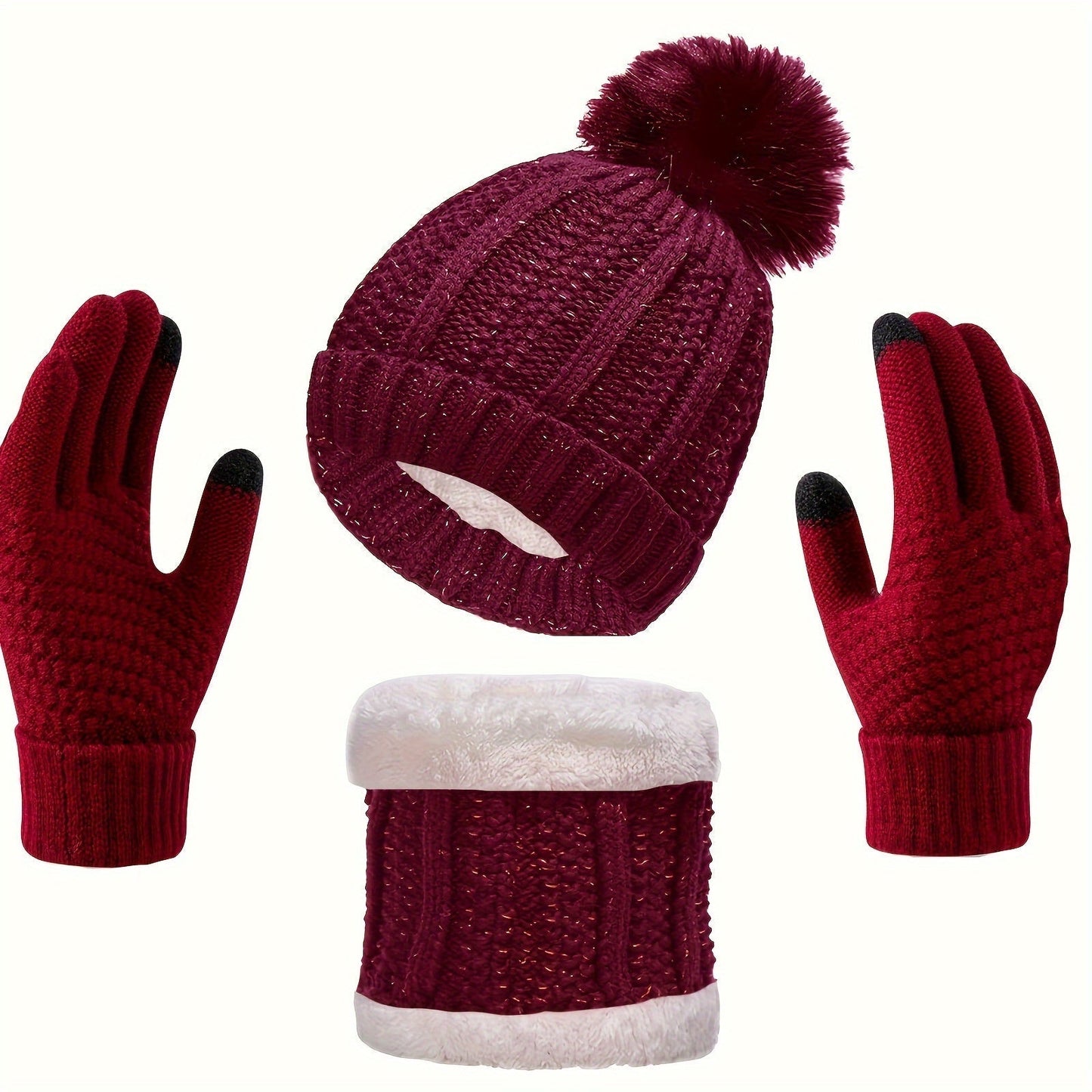 3-Teiliges Set Mit Mütze, Schal Und Handschuhen Für Frauen