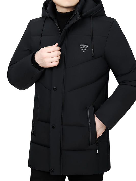 Warmer schwarzer dicker Steppmantel mit Kapuze für Herren | Ideal für den Winter