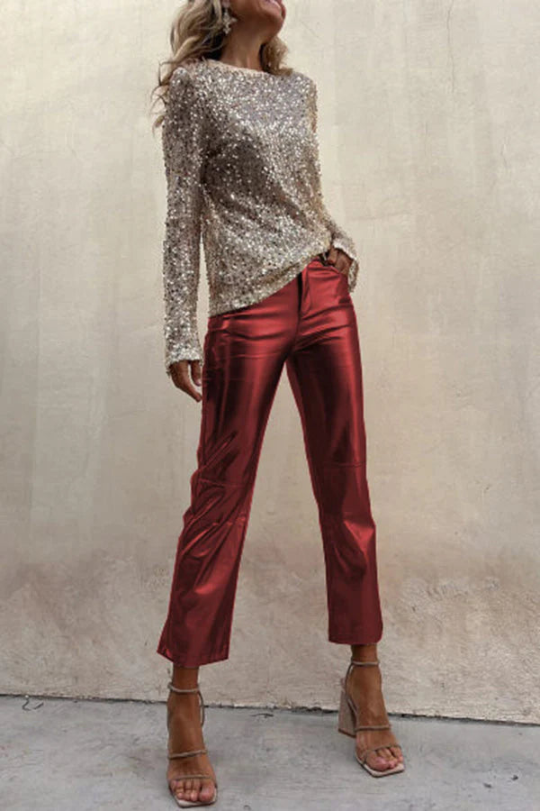 Alexandra® | Gerade Hose aus Metallic-Kunstleder von Sinclair mit hohem Bund und Taschen