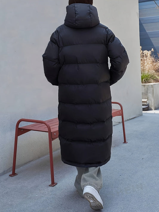 Warmer Casual Langer Schwarzer Winter Puffer Mantel mit Kapuze für Damen | Ideal für den Winter
