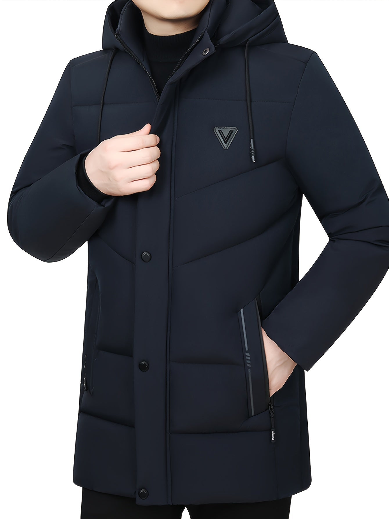 Warmer schwarzer dicker Steppmantel mit Kapuze für Herren | Ideal für den Winter