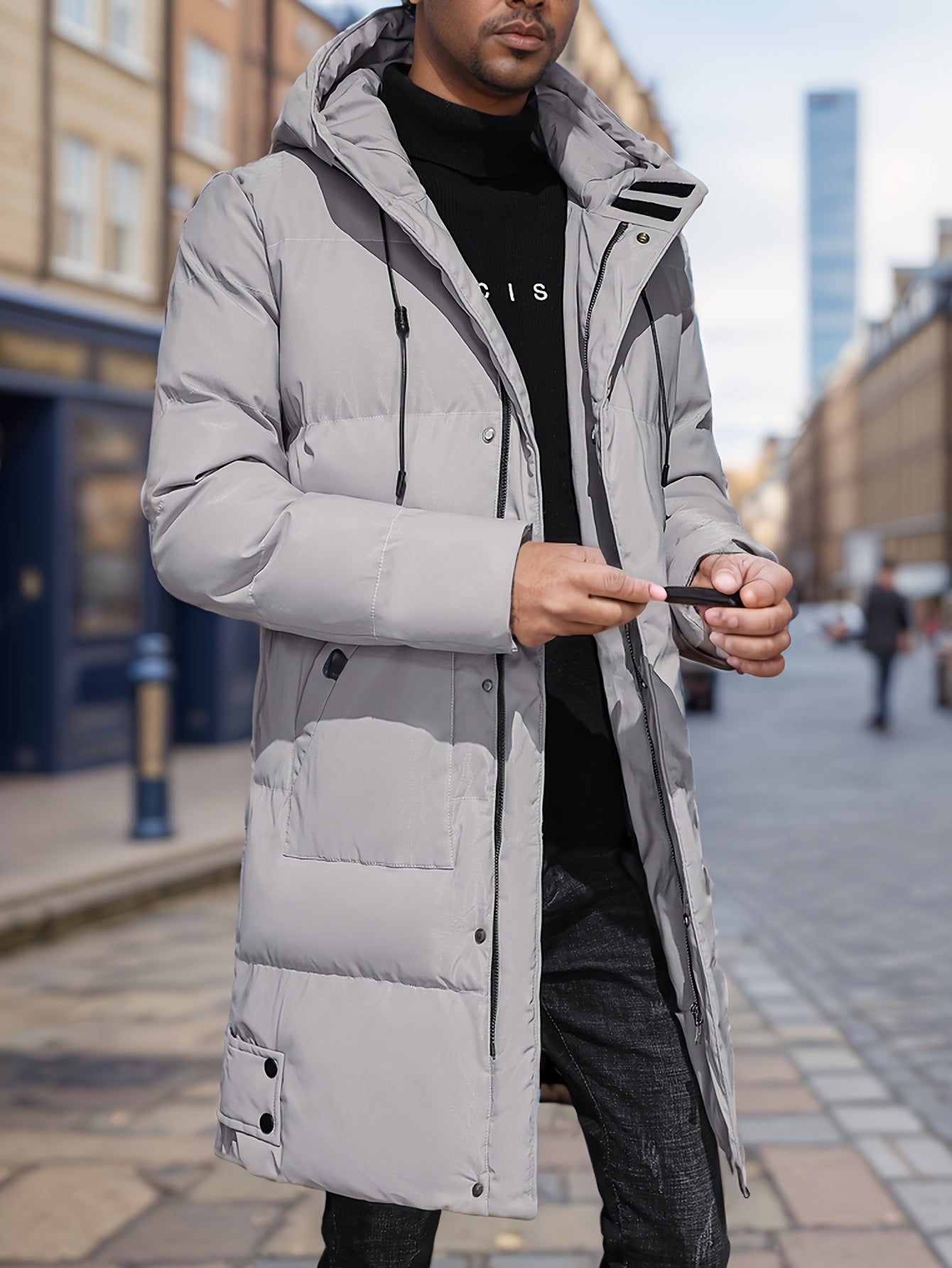 Warmer schwarzer Steppmantel mit Kapuze für Herren | Ideal für den Winter