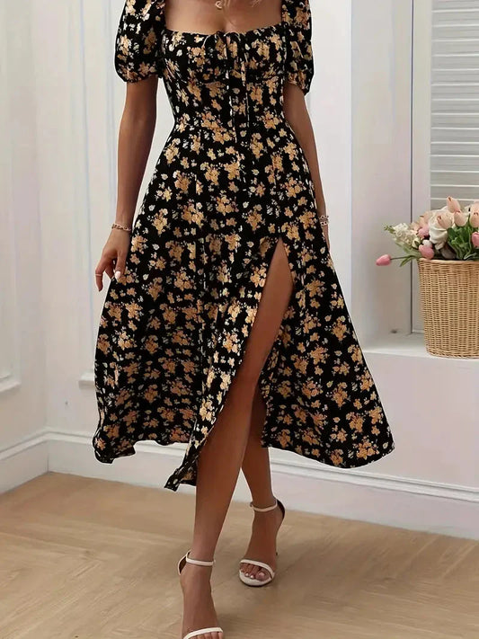 A-Linien-Kleid Mit Blumendruck Und Puffärmeln Für Frühling Sommer