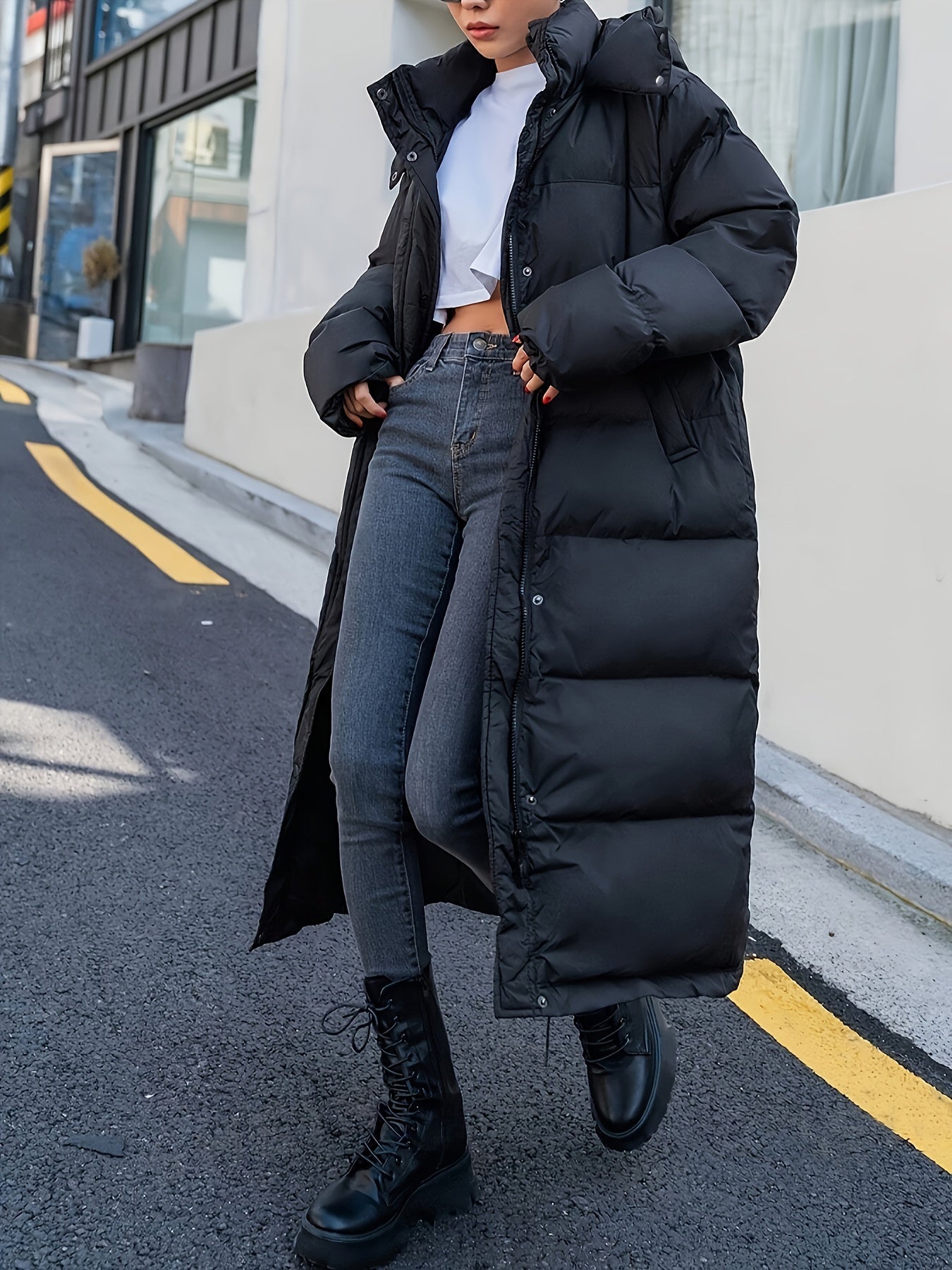 Warmer Casual Langer Schwarzer Winter Puffer Mantel mit Kapuze für Damen | Ideal für den Winter