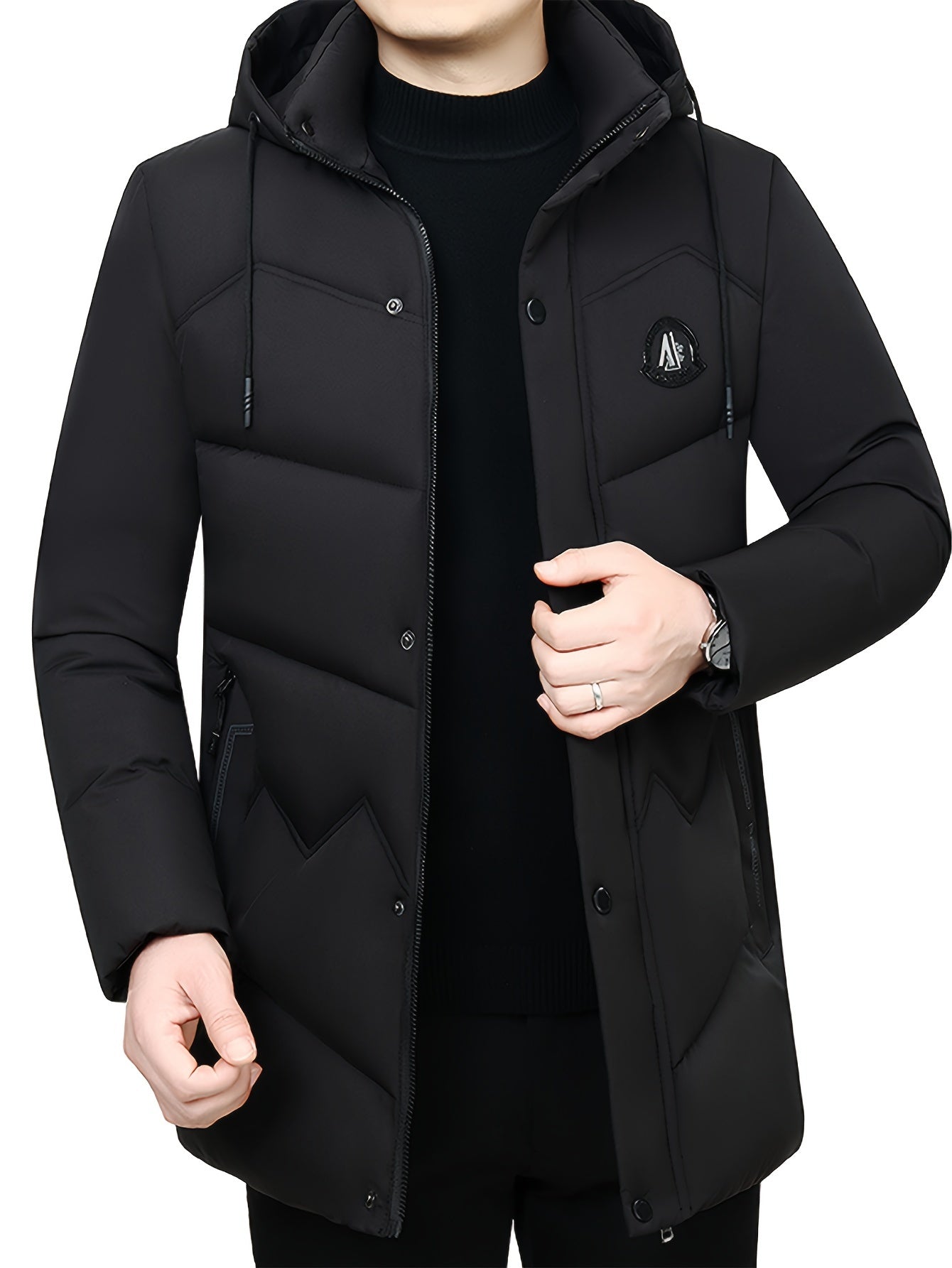 Warmer schwarzer dicker Steppmantel mit Kapuze für Herren | Ideal für den Winter