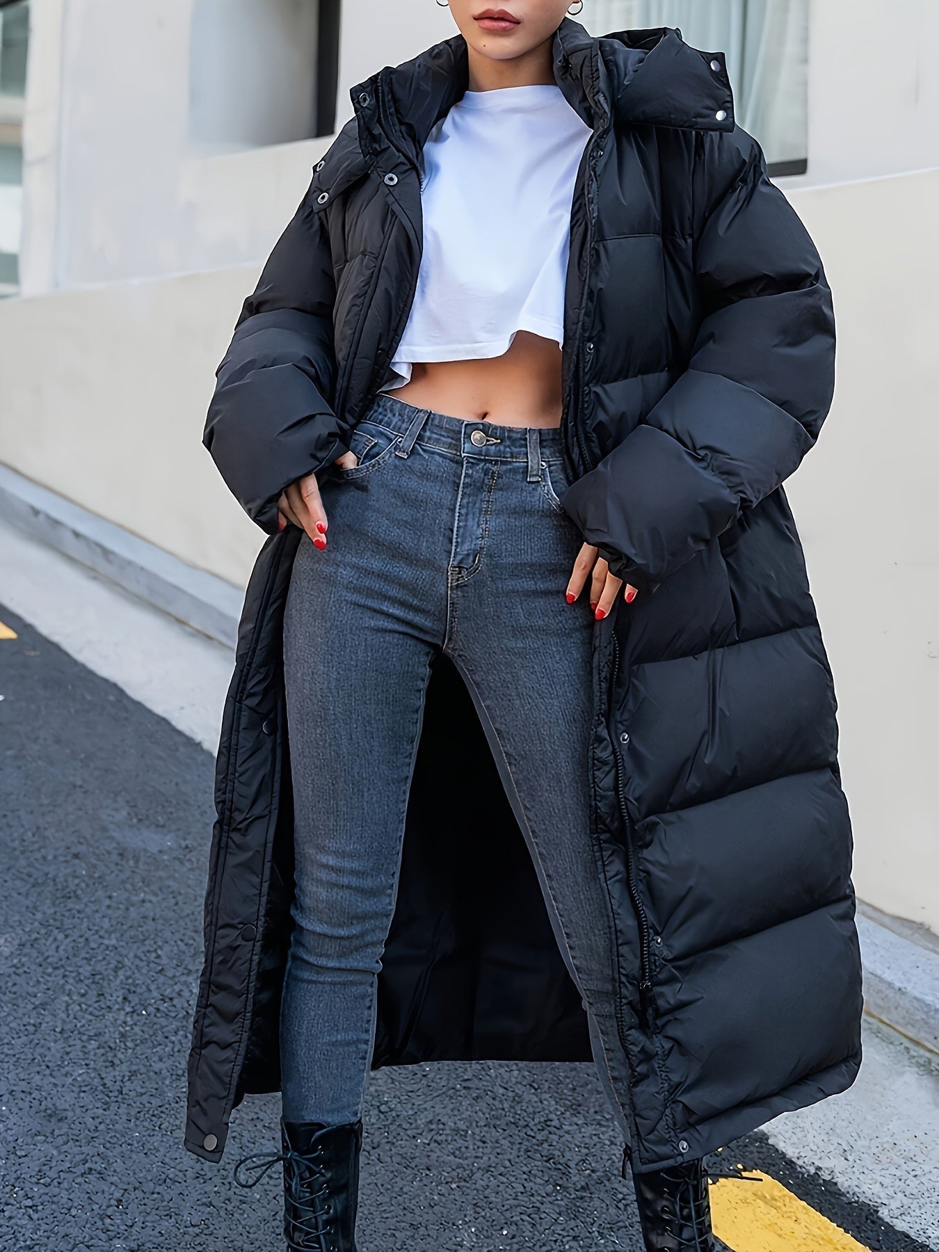 Warmer Casual Langer Schwarzer Winter Puffer Mantel mit Kapuze für Damen | Ideal für den Winter