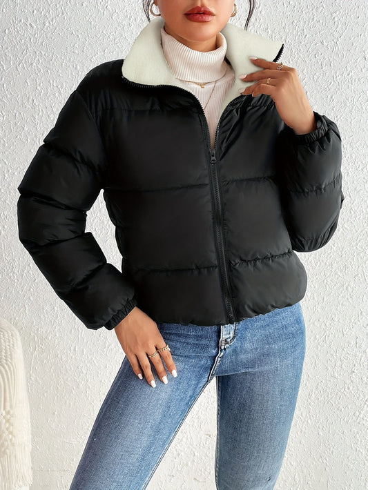 Warmer Schwarzer Wintermantel Mit Flauschigem Futter Und Reißverschluss Für Damen |  Ideal für den Winter